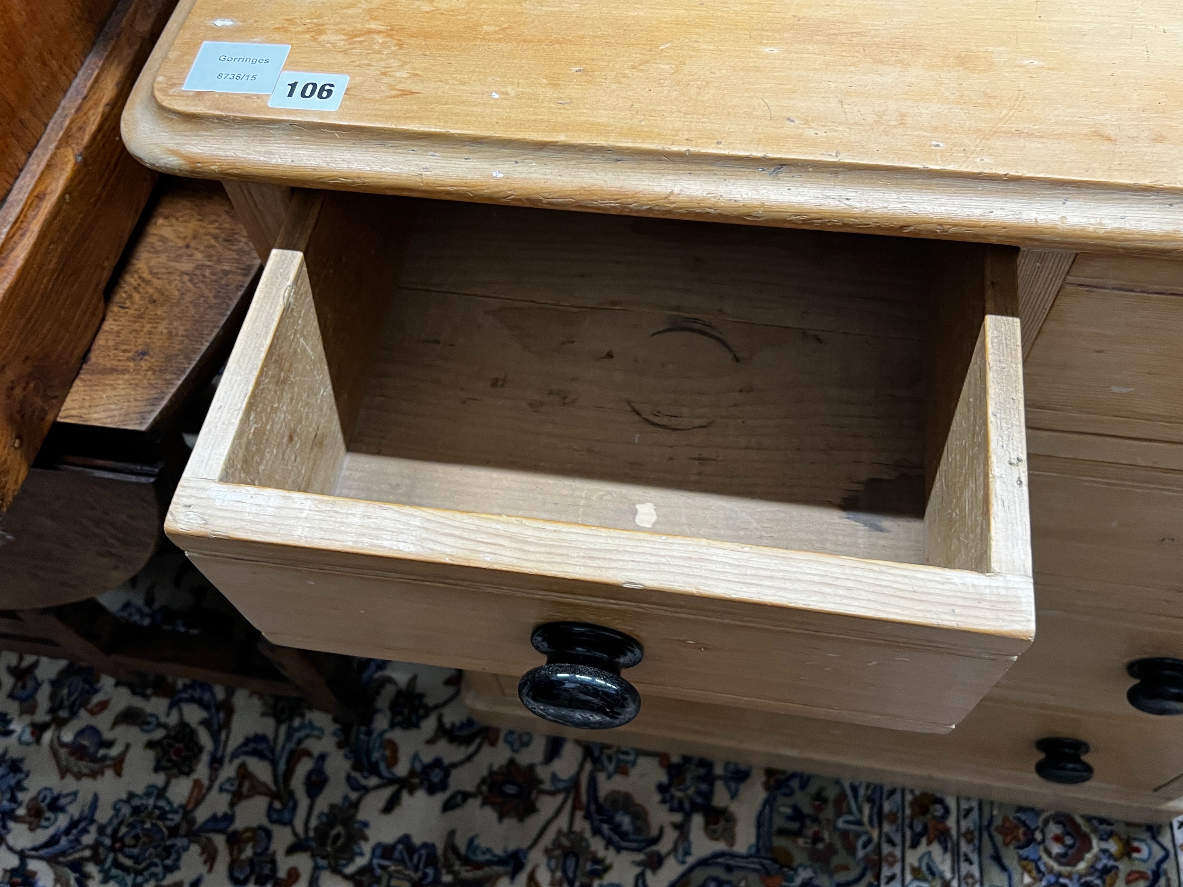 A Victorian small pine chest of five drawers, width 82cm, depth 42cm, height 91cm